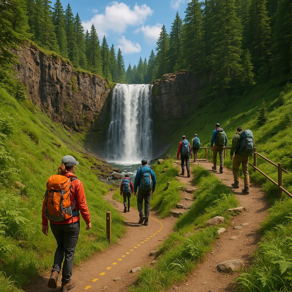 What Are the Best Waterfall-Chasing Weekends While Staying Safe? 2 Hikers on safe trails visiting a picturesque waterfall