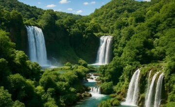 Waterfall valley scenery with multiple cascades