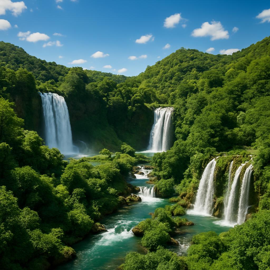 Waterfall valley scenery with multiple cascades