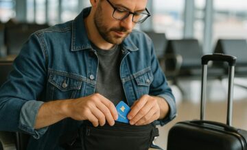 Traveler safeguarding money and cards at airport