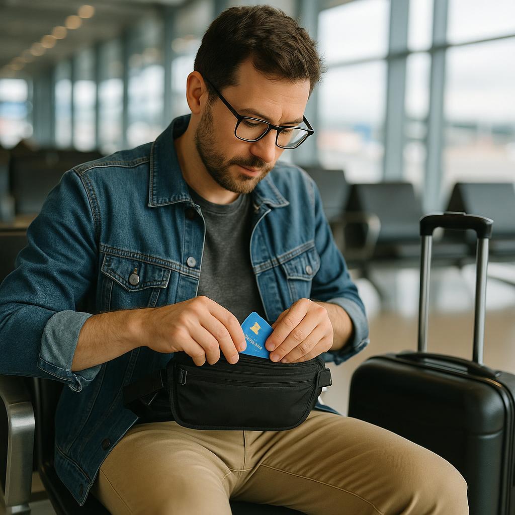 What Are the Safest Ways to Handle Money While Travelling? 2 Traveler safeguarding money and cards at airport