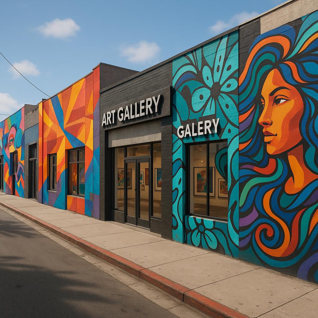 Mural artwork and galleries in a colorful art district