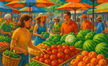 Sunlit summer open-air market with fresh fruits and shoppers