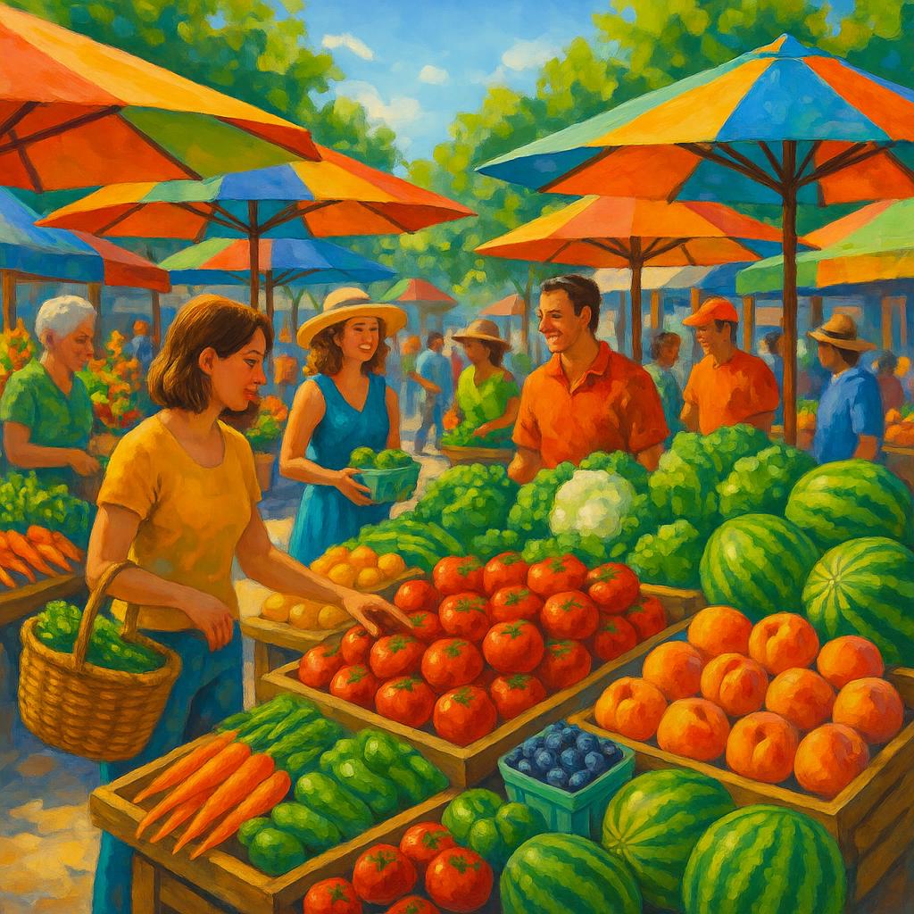 Sunlit summer open-air market with fresh fruits and shoppers