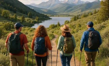 Group hiking on gentle nature trail in soft adventure travel