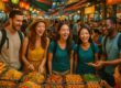 Colorful street food market in Southeast Asia with locals and tourists