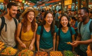 Colorful street food market in Southeast Asia with locals and tourists