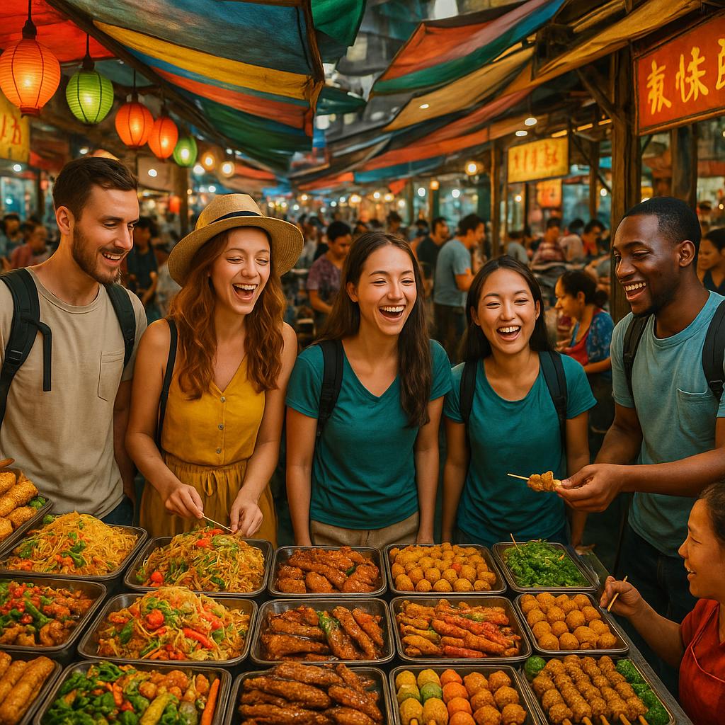 Colorful street food market in Southeast Asia with locals and tourists