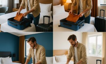 Traveler moving between different hotel rooms