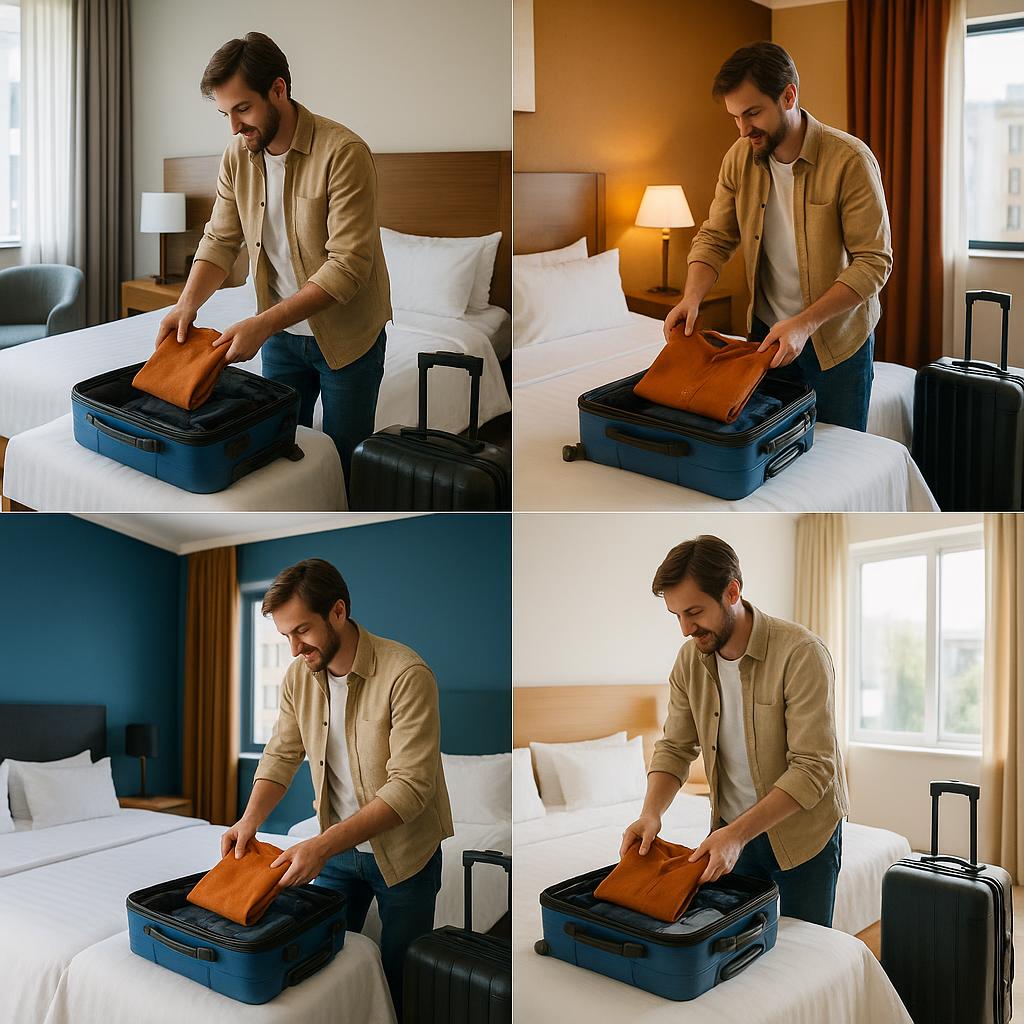 Traveler moving between different hotel rooms