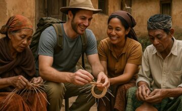 Traveler engaged in traditional craft making with local artisans