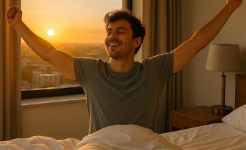 Traveler waking up refreshed at sunrise to avoid jet lag