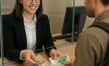 Traveler exchanging currency at a bank
