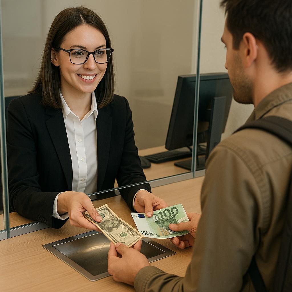 Traveler exchanging currency at a bank