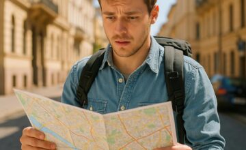 First-time traveler using a map in new city