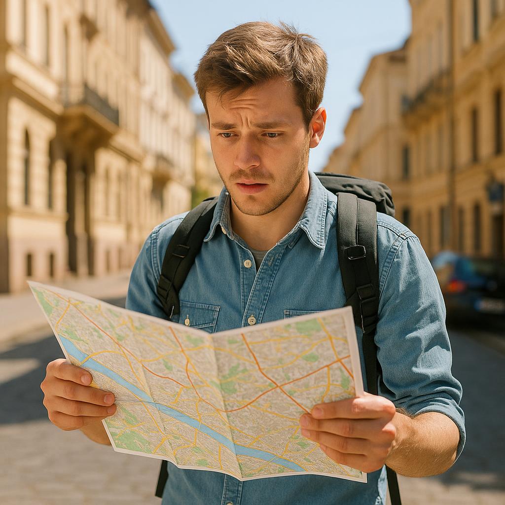 First-time traveler using a map in new city