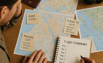 Traveler planning a 7-day travel itinerary with maps and notes