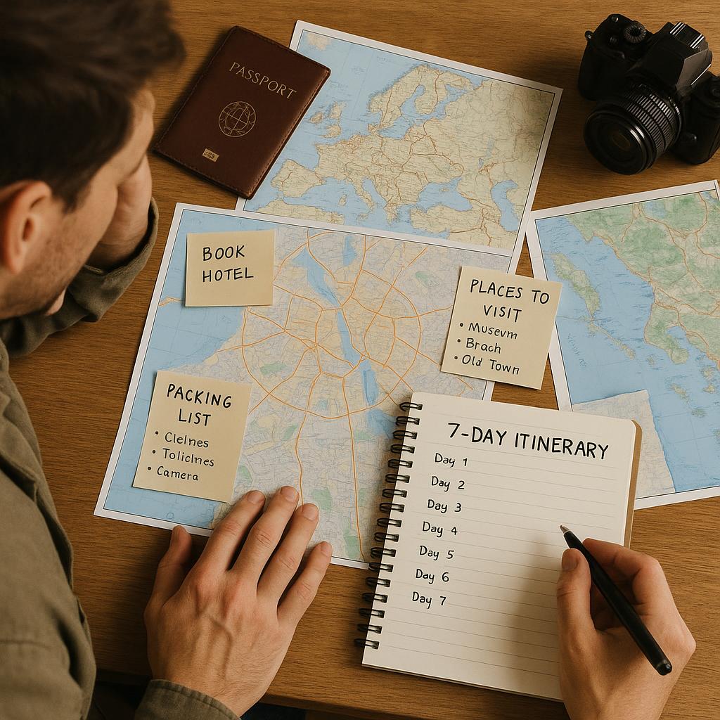 What Should a Perfect 7-Day Travel Itinerary Include? 2 Traveler planning a 7-day travel itinerary with maps and notes