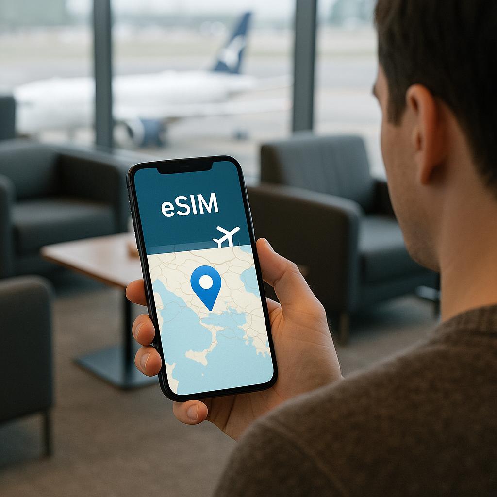 Traveler using smartphone with eSIM during international travel