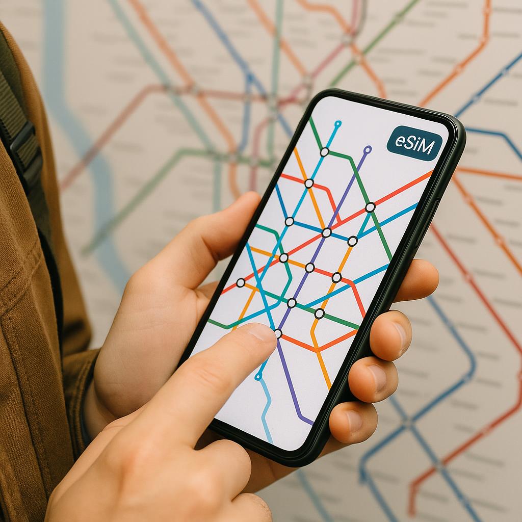Traveler using smartphone with eSIM navigation