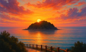 Sunset view over a hidden island with calm waters and vibrant sky