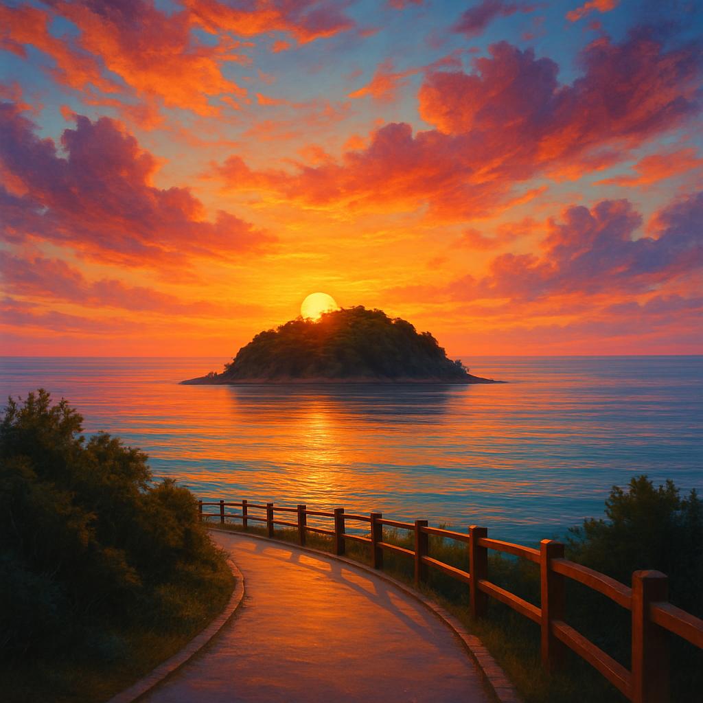 Sunset view over a hidden island with calm waters and vibrant sky