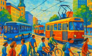 Urban scene with diverse car-free transportation options.