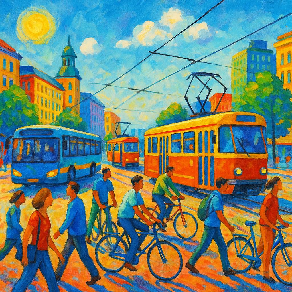 Urban scene with diverse car-free transportation options.