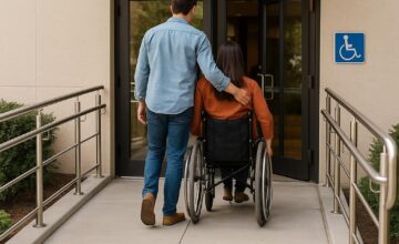 Couple entering accessible hotel entrance with ramp