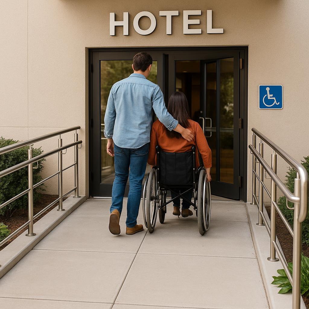 Couple entering accessible hotel entrance with ramp
