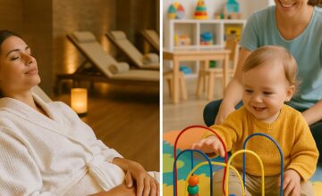 Parent resting in spa lounge with toddler in safe childcare play area