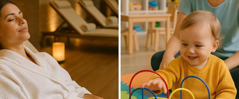 Parent resting in spa lounge with toddler in safe childcare play area