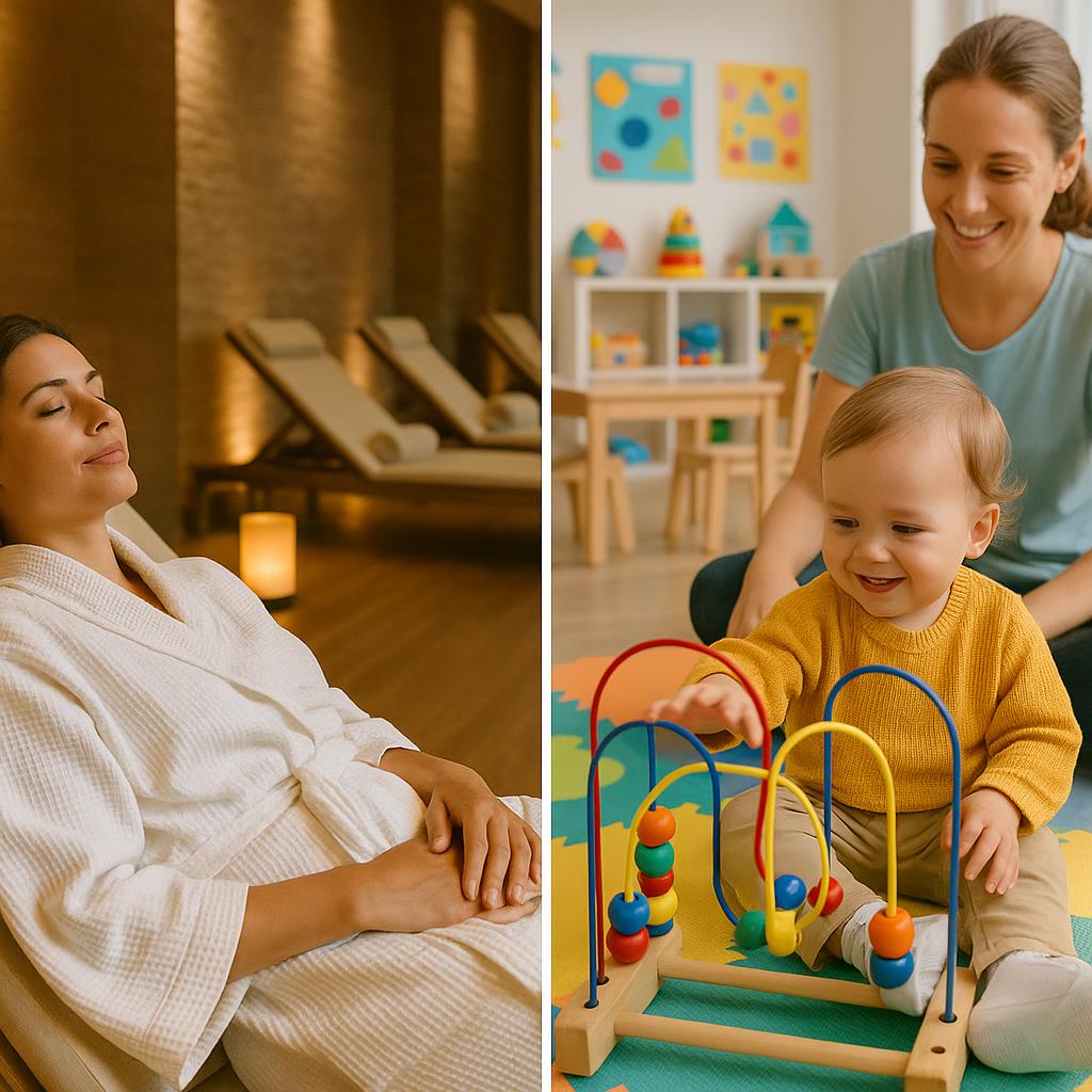 Parent resting in spa lounge with toddler in safe childcare play area