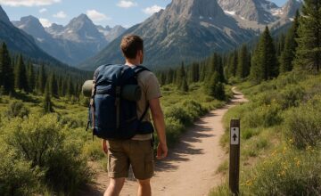 Solo traveller hiking safely on marked trail with scenic background