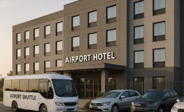 Airport hotel shuttle bus and parking lot at dawn