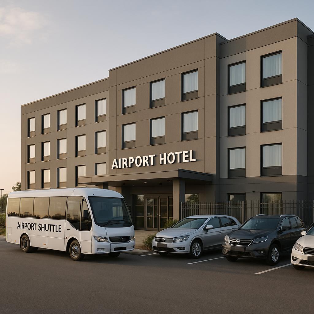 Airport hotel shuttle bus and parking lot at dawn