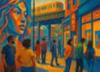 Pedestrians exploring vibrant art district street with murals and galleries