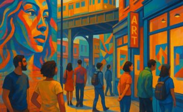 Pedestrians exploring vibrant art district street with murals and galleries