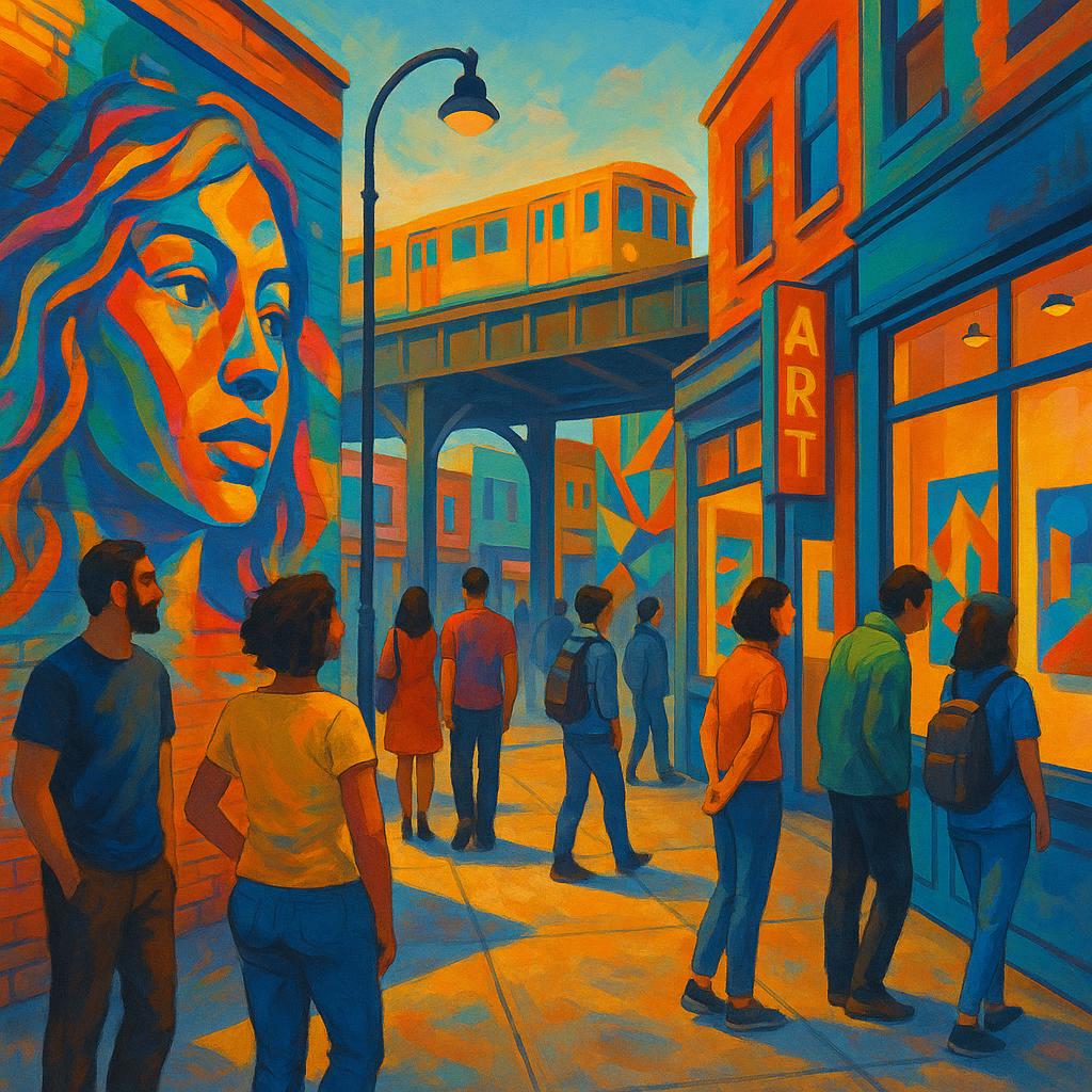 Pedestrians exploring vibrant art district street with murals and galleries