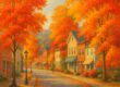 Quaint autumn foliage town with vibrant trees and cozy streets
