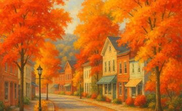 Quaint autumn foliage town with vibrant trees and cozy streets