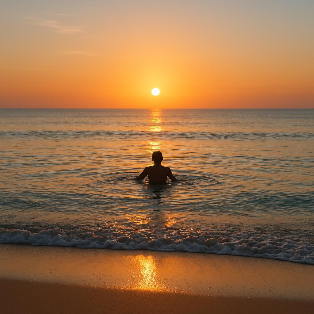 Solo swimmer at calm sunrise beach
