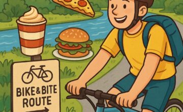 Cyclist on a riverside bike and bite route with cafes in the background