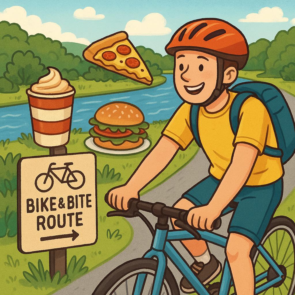 Cyclist on a riverside bike and bite route with cafes in the background