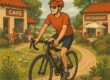 Solo cyclist on bike-and-bite route with cafes in countryside