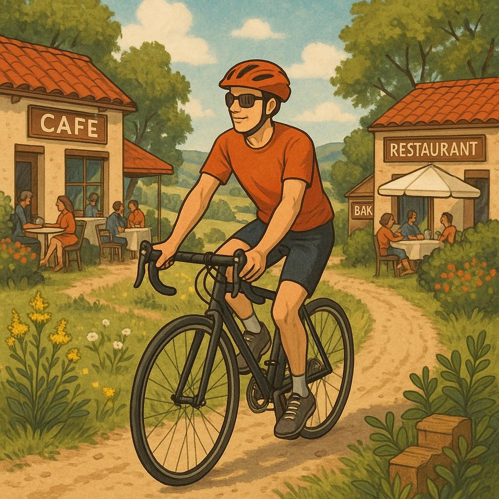 Solo cyclist on bike-and-bite route with cafes in countryside