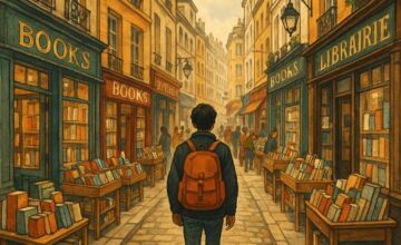 Solo traveler exploring bookshops in a European city