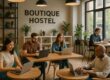Boutique hostel coworking space equipped with desks and laptops