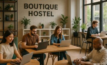 Boutique hostel coworking space equipped with desks and laptops