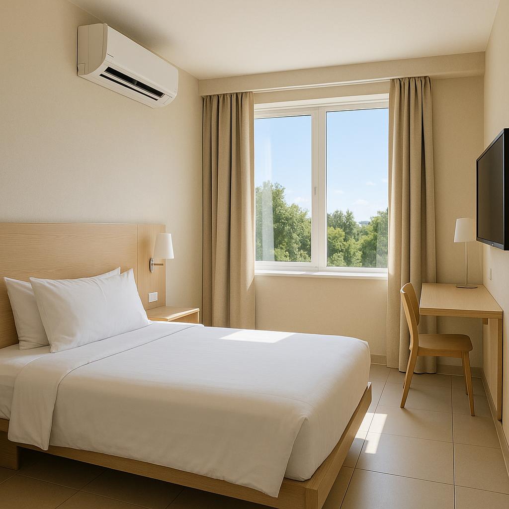 Budget hotel room with air conditioning and bright windows